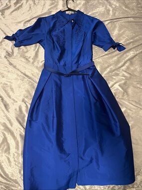 Teri Jon Cobalt Blue Midi Dress with Tie Belt